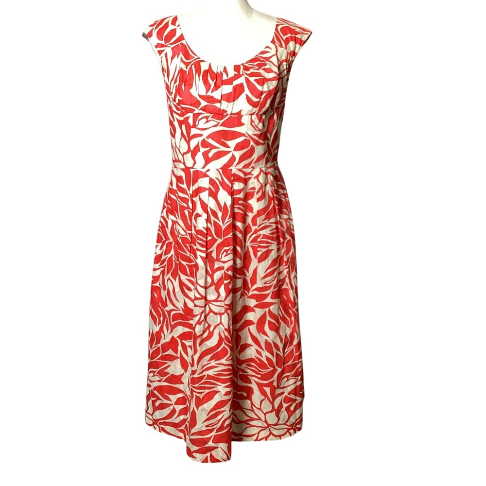 Ronni Nicole 14 Red White Leaf Print Cotton Fit Flare Midi Dress Wide Straps